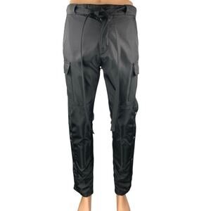 MNML Men's Black High Waist Belted Snap Button Straight Cargo Trousers Pants 28